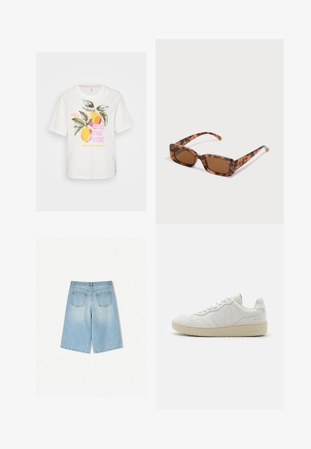 Weißes Baumwoll-T-Shirt mit kurzen Ärmeln, das einen Grafikdruck von Zitronen und Blättern zeigt, mit dem Text "FEEL THE VIBE" in Pink und Gelb.; Helle blaue Denim-Shorts mit lockerer Passform, ausgestattet mit zwei Gesäßtaschen und einem geraden Schnitt. Sauberer Saum und weiche Textur.; Weiße Leder-Sneaker mit perforiertem Zehenbereich, kontrastierender beiger Gummisohle und Logoplaketten an der Seite und Ferse. Minimalistisches Design.; Schildpattsonnenbrille mit rechteckigen, braunen Gläsern, einem dicken Rahmen und schmalen Bügeln, die ein Muster aus verschiedenen Brauntönen aufweisen.; Braune Stoffschultertasche mit einem breiten, runden Körper und einem großen Ausschnittgriff. Sanfte Textur, minimalistisches Design und keine sichtbaren Beschläge.
