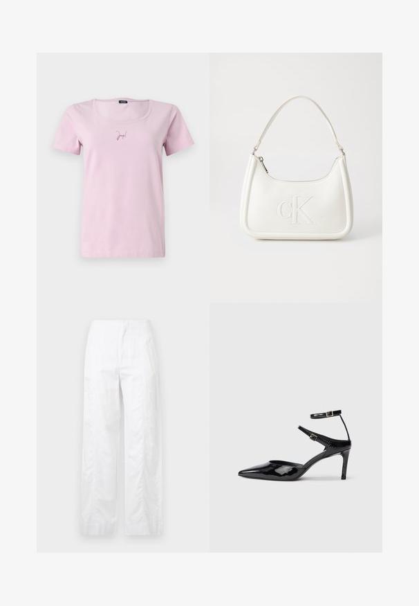 Pink cotton t-shirt with short sleeves and a scoop neckline, featuring a small "Joop!" logo in darker pink on the front.; White wide-leg trousers made of lightweight fabric, featuring a smooth texture, clean lines, and a high waist design.; Black patent leather heels with a pointed toe, adjustable ankle straps, and a slender heel. Smooth texture with a shiny finish.; White leather handbag with a curved shape, featuring an embossed "CK" logo on the front and a single shoulder strap. Zipper closure at top.