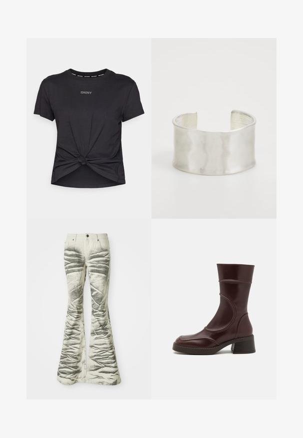 Svart t-skjorte med korte ermer laget av bomull, med en knyttet design ved kanten og "DKNY"-logo i rhinestein over brystet.; Lysfargede flare-jeans med teksturerte svarte horisontale striper og rynkete detaljer, med frontlommer og metallknapplukking.; MIISTA MALENE - Støvletter - brown; Zign Armbånd - silver-coloured
