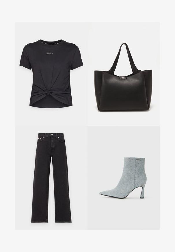 Must beebi lühikeste varrukatega t-särk, mis on valmistatud puuvillast, sisekujunduses on sõlme kujundus allservas ja "DKNY" logo kristallides rinna peal.; Mustad laiad mustad teksad, millel on kõrge vöökoht, viie tasku stiil ja metallist nööpkinnitus kontrastsete õmblustega.; Jeansist kingad pahkluuni, terava säärega, helesinise värvusega ja kaunistatud väikeste hõbedaste nurgakestega. Omab kõrget kontsa ja tekstureeritud kangast.; Must black leather tote kott, millel on tekstuurne viimistlus, kahte tugevat sangaga ja metallist logo aksent pealmises keskosas.