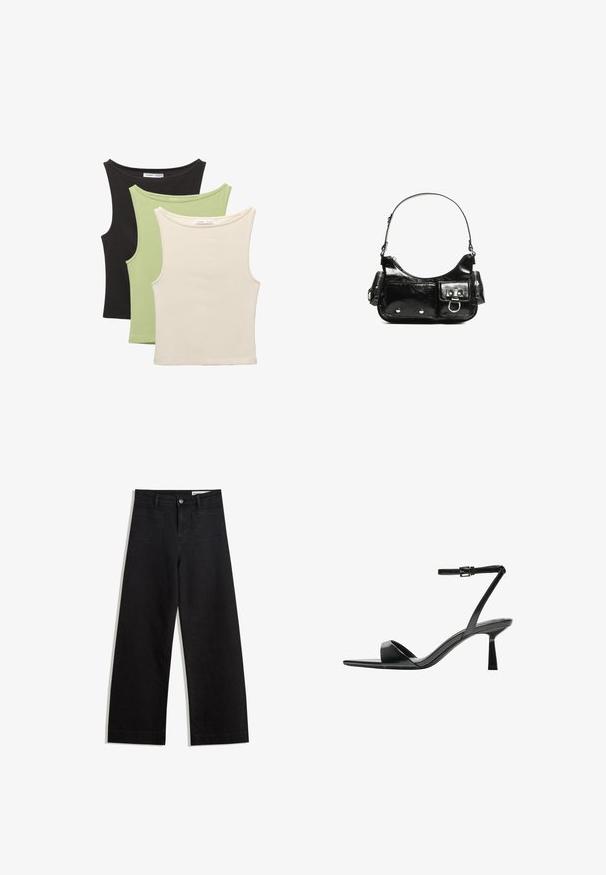 Kolme ilman hihoja olevaa toppia mustana, vaaleanvihreänä ja beigeenä. Jokaisessa on pyöreä kaula-aukko ja pehmeä, ribatoitu pinta.; Mustat leveät farkut korkealla vyötäröllä, joissa on etu- ja takataskut, ommellut saumat ja nappisuljenta. Silkinoinen rakenne.; Bershka Korolliset sandaalit - black; Mustekko mustasta kiiltonahasta valmistettu käsilaukku, jossa on kaareva muoto, yksi olkahihna, etutaskut ja hopeanväriset yksityiskohdat.
