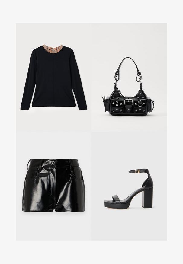 Schwarzes Langarmshirt mit rundem Ausschnitt, ausgestattet mit einem mehrfarbigen gestreiften Akzent am Kragen. Glattes Material mit lässiger Passform.; Weißes Langarmhemd aus Baumwolle mit klassischem Kragen, Knopfverschluss und einer Brusttasche auf der linken Seite.; Schwarze, glänzende Shorts aus synthetischem Material. Mit einem taillierten Bund, Gürtelschlaufen und vorderen Taschen mit auffälligen Nähdetails.; Schwarze Plateausandalen mit dickem Blockabsatz, glattem Leder, offener Zehenpartie und einem Knöchelriemen mit goldfarbener Schnallenakzent.; Schwarze Lederhandtasche mit einem geschwungenen Design, verziert mit silbernen Nieten, einer Schnalle und zwei seitlichen Taschen. Verstellbarer Träger für verschiedene Tragemöglichkeiten.