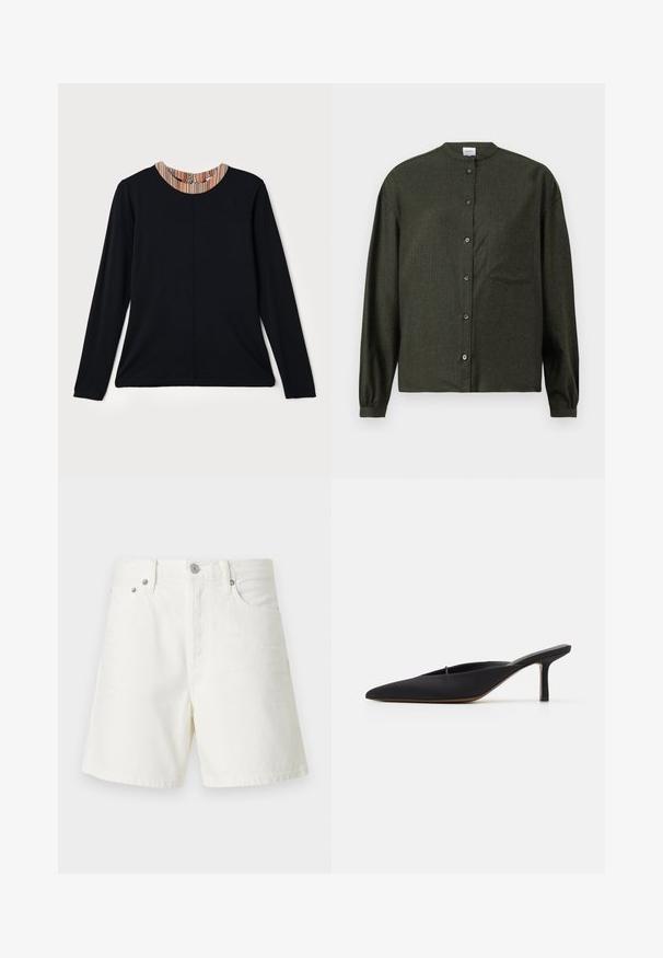 Schwarzes Langarmshirt mit rundem Ausschnitt, ausgestattet mit einem mehrfarbigen gestreiften Akzent am Kragen. Glattes Material mit lässiger Passform.; Dunkelgrünes Button-up-Hemd mit Stehkragen, langen Ärmeln, Brusttasche und glattem, strukturiertem Stoff.; Weiße Jeansshorts mit geradem Schnitt, Fünf-Taschen-Design, vorderem Knopfverschluss, silberner Hardware und genähten Details.; Schwarze spitz zulaufende Mule mit einem eleganten Design, aus glattem Material gefertigt, verfügt über einen schmalen Absatz und eine offene Ferse für ein einfaches An- und Ausziehen.