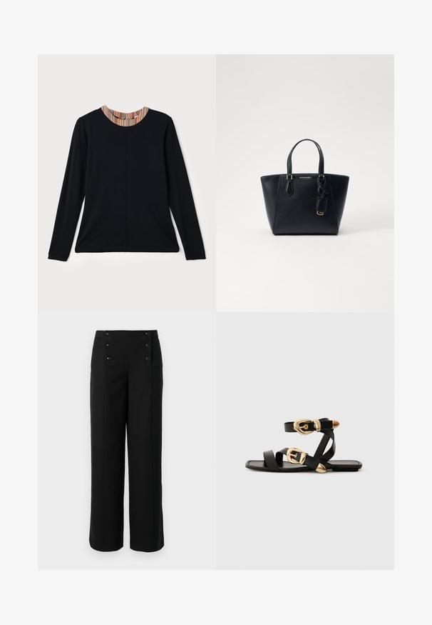 Schwarzes Langarmshirt mit rundem Ausschnitt, ausgestattet mit einem mehrfarbigen gestreiften Akzent am Kragen. Glattes Material mit lässiger Passform.; Schwarze weit geschnittene Hosen aus glattem Stoff mit hoher Taille und fünf vorderen Knöpfen zum Schließen. Elegantes, maßgeschneidertes Design.; Schwarze Ledersandalen mit goldenen Schnallenakzenten, die mehrere Riemen und ein flaches Sohlendesign für das Tragen mit offenen Zehen bieten.; Schwarze Leder-Handtasche mit strukturierter Form, kurzen Doppelgriffen, goldfarbenen Beschlägen und einem seitlichen Anhänger. Glatte, strukturierte Oberfläche.