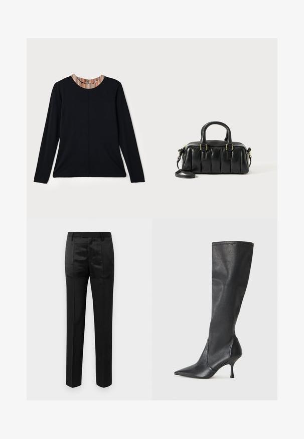 Top lungo nero a maniche lunghe con scollatura rotonda, caratterizzato da un accento multicolore a righe sul colletto. Tessuto liscio con una vestibilità comoda.; Pantaloni neri su misura con gamba dritta e una vita con passanti per cintura, caratterizzati da un mix di pannelli di tessuto opaco e lucido.; Stivali neri in pelle al ginocchio con punta affusolata e tacco a stiletto sottile. Texture liscia con design aderente e cuciture lungo il bordo superiore.; Borsa a tracolla in pelle nera con design imbottito, due manici corti e tracolla removibile. Accenti in metallo dorato.