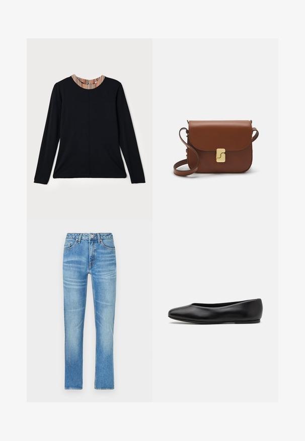 Black long-sleeve top with a round neckline featuring a multicolored striped accent at the collar. Smooth fabric with a relaxed fit.; Light blue denim jeans with a straight-leg cut, featuring front pockets, a button closure, and subtle fading across the fabric.; Paul Smith TOPANGA - Ballet pumps - black; Brown leather handbag with a flap closure, gold-tone hardware, a shoulder strap, and a smooth texture. Compact rectangular shape.
