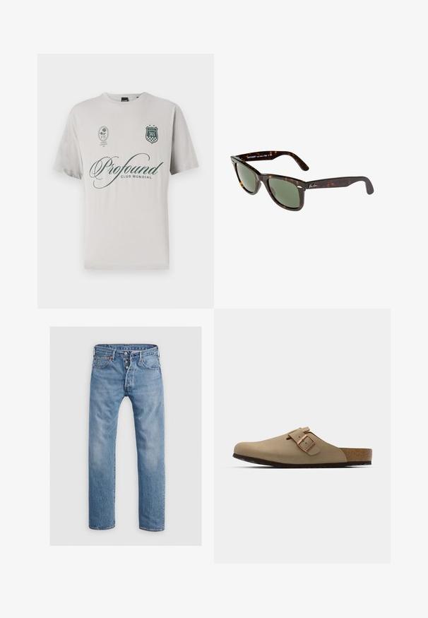 Világosszürke pamut póló rövid ujjakkal, sötétzöld "Profound" felirattal, pajzs logóval és díszes foltokkal.; Fénykék farmernadrág, egyenes szárú kialakítással, öt zsebbel és gombos záródással. Finom kopás és varrási részletek jellemzik.; Beige szandálok lekerekített orral, állítható csattal és parafa talppal. Texturált felület fekete gumitalppal a tapadásért.; Wayfarer napszemüveg sötét teknősbéka műanyag kerettel, zöld lencsékkel, és ezüst Ray-Ban logóval a szárán.