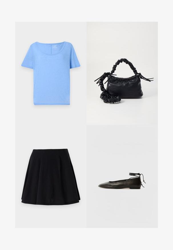 Világoskék, rövid ujjú póló, puha anyagból készült, lekerekített nyakkivágással és laza szabással, minimális varrási részletekkel.; Fekete pamut szoknya bővülő szabással, derékrészen redőzött kialakítással és sima textúrával. Kiváló választás hétköznapi viseletre.; Fekete bőr balettcipők hegyes orral, bokakötővel és lapos talppal, sima textúrával és minimalista dizájnnal.; Fekete műbőr kézi táska krokodil bőr textúrával, összehúzható tetejű és gyűrt pánttal. Lágy és kompakt dizájnúnak tűnik.