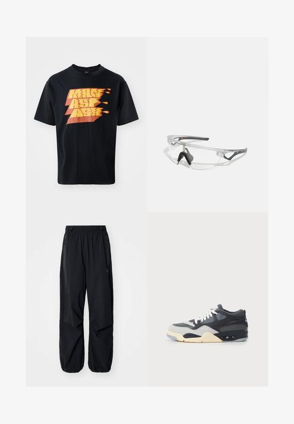 Black cotton t-shirt featuring a colorful graphic design with stylized text in orange and yellow, creating a dynamic look. Short sleeves.; Black lightweight cargo pants with an elastic waistband, side zippers, and spacious pockets. Features a loose fit and tapered cuffs.; Sneaker with a mixed material upper in gray and navy, cushioned sole, white laces, and a blue accent logo on the heel.; Clear safety glasses with a lightweight, transparent frame and gray accents. Features a wraparound design and adjustable nosepiece.