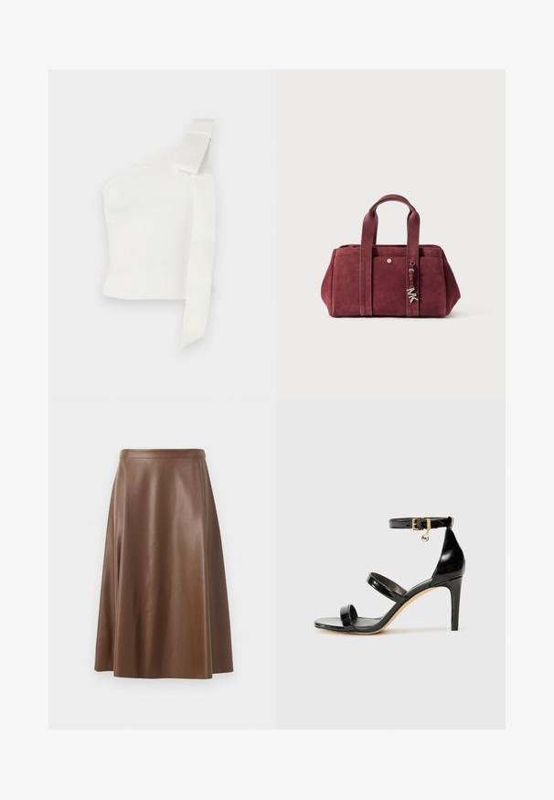 Asümmeetriline valge top, mis on valmistatud tekstuurist kangast. Omab ühte õlavarre rihma koos lipsu detailiga, rõhutades moodsa disaini elemente.; Must värvi nahast särk nupuga esitasku, terava krae ja kahe rinna taskuga. Omab laia lõiget ja sujuvat tekstuuri.; Pruun nahkne A-line seelik, millel on sile tekstuur ja keskmise pikkusega lõhik. Omab sobivat vöökohta ja kerget laienemist puusadelt.; Must musta nahk sandaal kolme rihmaga, pahkluu vööga ja 4-tollise stilettakontsaga. Omab kuldset detaili ja logovõtit.; Burgundia seemis käekott kahe ülemise käepidemega, lukuga sulgemine, esi-tasku ja metallist kaunistus. Ristkülikukujuline kuju pehme tekstuuriga.