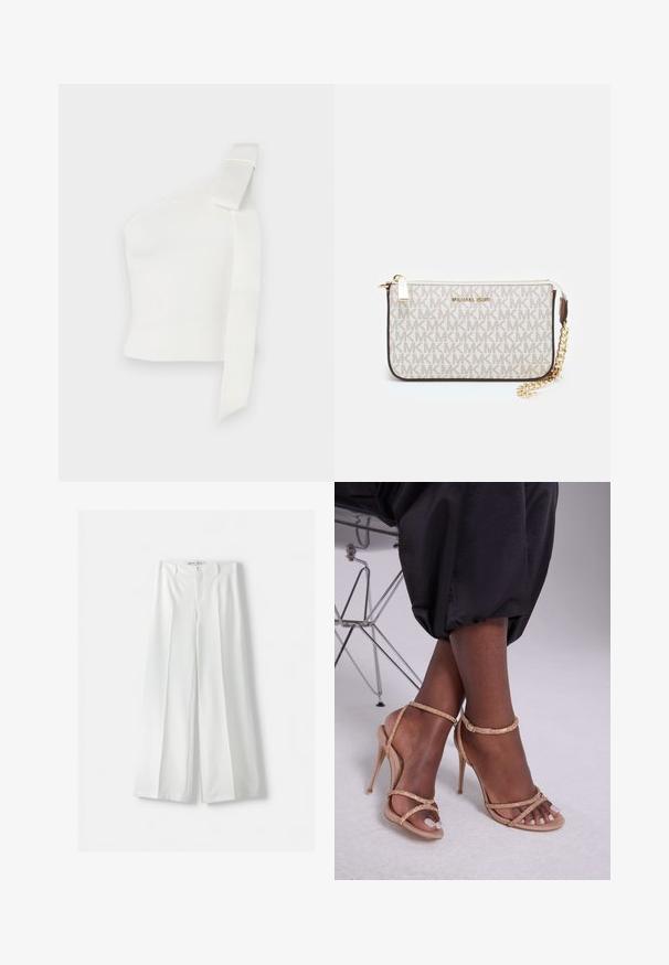 Haut asymétrique blanc en tissu texturé. Présente une seule bretelle avec un nœud, mettant en avant un design moderne.; Bershka WIDE-LEG TAILORED - Pantalon classique - white; Sandales à talons beiges avec des embellissements en cristal, dotées d'un bout ouvert, de fines lanières et d'une silhouette épurée.; Porte-monnaie Michael Kors en toile enduite beige avec un motif répété de logo MK, des accessoires en or et une bandoulière en chaîne amovible.; Boucles d'oreilles en métal doré avec un design ondulé ; surface lisse et réfléchissante ; forme asymétrique ; sans motifs ni éléments visibles.