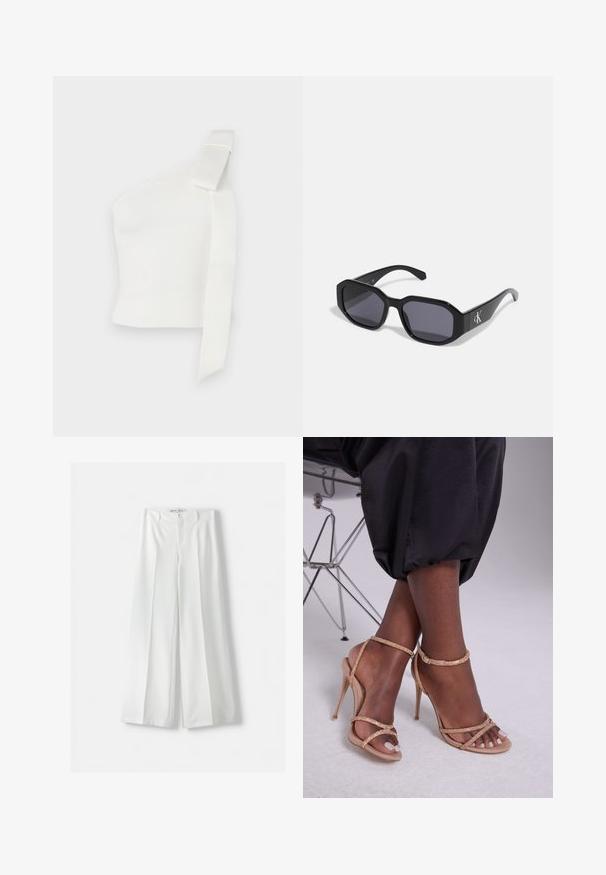 Top bianco asimmetrico realizzato in tessuto testurizzato. Caratterizzato da una spalla singola con un dettaglio a fiocco, che enfatizza il design moderno.; Bershka WIDE-LEG TAILORED - Pantaloni - white; Sandali con tacco beige decorati con cristalli, caratterizzati da una punta aperta, sottili cinturini e un silhouette elegante.; Occhiali da sole neri con montatura ottagonale, lenti scure, materiale plastico lucido e un accento con logo argento su un lato.; Wristlet Michael Kors in tela rivestita beige con motivo a logo MK ripetuto, hardware dorato e tracolla a catena staccabile.; Orecchini metallici dorati con un design ondulato; superficie liscia e riflettente; forma asimmetrica; nessun motivo o hardware visibile.