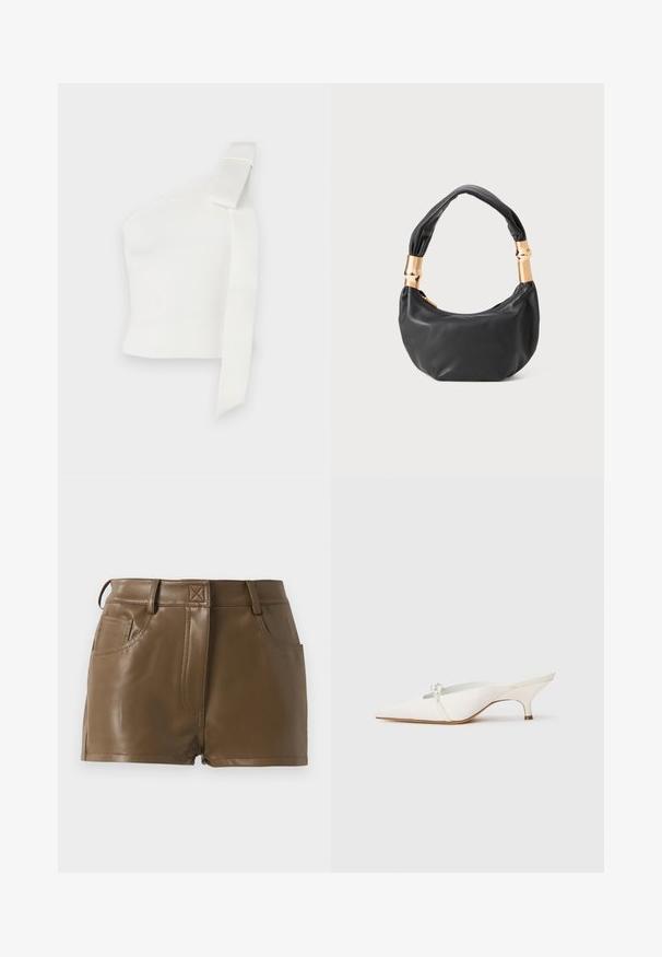 Top branco assimétrico feito de tecido texturizado. Apresenta uma única alça de ombro com um detalhe de laço, enfatizando o design moderno.; Calções de pele sintética castanha com um design justo, cintura com passantes para cinto, bolsos frontais e detalhes de costura visíveis.; Sandal com biqueira branca em bico, com salto baixo, apresentando um detalhe decorativo de pérola na parte da frente e um acabamento em cetim suave.; Mala de mão em couro preto com forma redonda, textura suave e alça com nó, apresentando detalhes em metal dourado. Fecho em zíper.