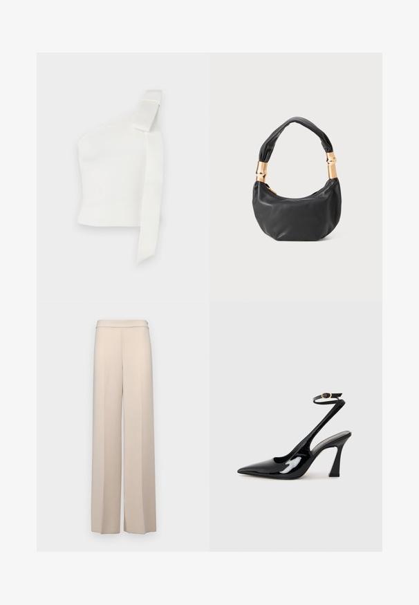 Asymetrický bílý top vyrobený z texturované látky. Disponuje jedním ramenním popruhem s detailem mašle, který zdůrazňuje moderní design.; Beige široké kalhoty z hladkého materiálu, s vysokým pasem a jemnými předními záhyby. Bez kapes nebo viditelných kovových prvků.; Černé lakované kožené lodičky na pásku s špičatou špičkou, nastavitelným páskem kolem kotníku a mírným blokovým podpatkem. Hladký povrch s lesklým finišem.; Černá kožená kabelka s kulatým tvarem, měkkou texturou a uzlovou rukojetí se zlatými kovovými detaily. Zapínání na zip.