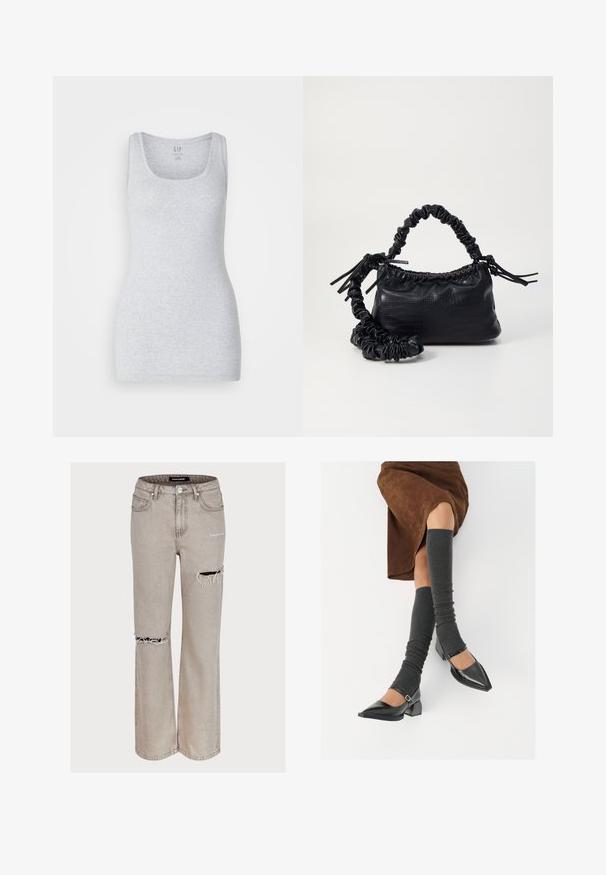 Szürke ujjatlan póló, mély környakkal. Puha anyagból készült, sima tapintással és feszes fazonnal.; Világosszürke, laza fazonú farmernadrág, amely kopott részletekkel és térdnél szakadt anyaggal rendelkezik. Öt zseb és övcsat kerületek találhatók rajta.; Fekete lakk bőrből készült, hegyes orrú cipők, tömbsarkúakkal és bokapánttal, szürke bordás lábszármelegítőkkel és barna velúr szoknyával párosítva.; Fekete műbőr kézi táska krokodil bőr textúrával, összehúzható tetejű és gyűrt pánttal. Lágy és kompakt dizájnúnak tűnik.