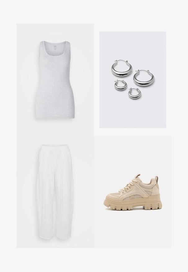 Top gri fără mâneci, cu un decolteu rotund. Fabricat dintr-un material moale, cu o textură netedă și o formă ajustată.; Pantaloni albi, lejer ajustați, cu o siluetă relaxată, realizați dintr-un material texturat. Prezintă o talie elastică și un design cu picioare drepte.; Sneakers chunky bej cu un amestec de material din plasă și zăpadă, având o talpă groasă și un profil proeminent, design cu șireturi și detalii de branding.; Patru perechi de cercei din argint în diferite dimensiuni: cercuri mari netede și stiluri rotunjite mai mici cu finisaj lustruit și clape simple.