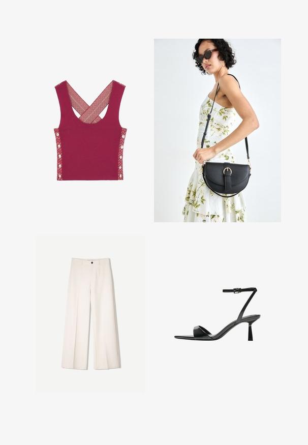 Bordový krátký top s překříženými ramínky, který má texturované boční panely s detailními knoflíky a živé tkané akcenty.; Krémové široké kalhoty s tailored designem, které mají dvě přední kapsy a jedno zapínání na knoflík vpředu, vyrobené z hladkého materiálu.; Bershka Sandály na vysokém podpatku - black; Černá kožená kabelka s křivkovým tvarem, odnímatelným popruhem a zlatými detaily. Kabelka má klopu s přezkou.