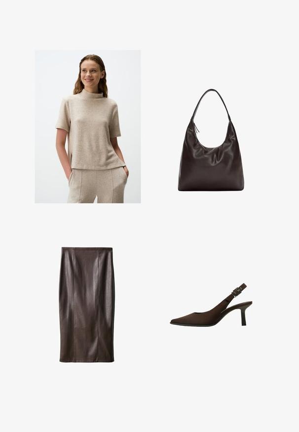 Beige T-shirt met korte mouwen en hoge halslijn, gemaakt van zachte, gestructureerde stof. Heeft zijsplitten en een ontspannen pasvorm.; Bruine leren kokerrok met een gladde textuur, knie-lang, met verticale naden voor het ontwerp. Geen extra hardware of accenten.; Bruine suede slingback pump met een spitse neus, slank ontwerp, dunne hak en een gespaccent op de enkelband.; Bruine leren schoudertas met een zachte, slappe vormgeving. De tas heeft een brede schouderriem en een minimalistische uitstraling, aangevuld met een subtiele textuur.