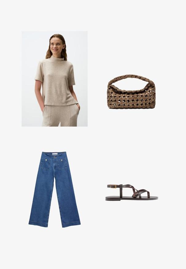 Beige kurzärmliges Oberteil mit hohem Ausschnitt, aus weichem, strukturiertem Material. Mit seitlichen Schlitzen und einer lockeren Passform.; Denim-Hosen im weiten Schnitt mit einer mittleren blauen Waschung, zwei Vordertaschen mit Knopfverschluss und genähten Details entlang der Säume.; Braune Leder-Sandale mit überkreuzten Riemen, einem Knöchelriemen mit Schnalle und einer flachen Sohle mit minimalen Nähdetails.; Geflochtener brauner Handtasche in rechteckiger Form, mit strukturiertem Griff und texturierter Oberfläche. Verfügt über einen geschlossenen oberen Teil und ein ausgeklügeltes Geflechtmuster.