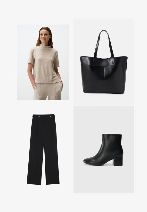Beige T-shirt met korte mouwen en hoge halslijn, gemaakt van zachte, gestructureerde stof. Heeft zijsplitten en een ontspannen pasvorm.; Zwarte wijde broek met hoge taille, knoopdetails op de tailleband en plooien aan de voorkant.; Zwarte leren enkellaarzen met een spitse neus en een chunky hak. Gladde textuur met minimale accenten en een slank, strakk ontwerp.; Zwarte leren tote bag met twee lange handvatten, een zachte textuur en een gestructureerde vorm. Voorzien van een voorvak voor extra opslagruimte.