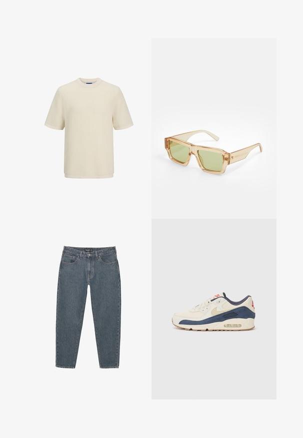 Kremowa koszulka z krótkim rękawem w wzór z teksturowanym splotem. Ma okrągły dekolt i prosty dół.; Granatowe jeansy z luźnym krojem, pięcioma kieszeniami, zapięciem na guzik i lekko postrzępionym dołem. Trwały materiał o subtelnej teksturze.; Sneakers z górą z kremowej skóry i granatowego zamszu, z widoczną podeszwą powietrzną, beżową gumową podeszwą i czerwonym akcentem na pięcie.; Przezroczyste beżowe okulary przeciwsłoneczne o kwadratowych oprawkach, z zielonymi szkłami oraz przezroczystymi ramionami. Wyraźna tekstura na oprawkach; subtelne oznaczenie marki na ramionach.