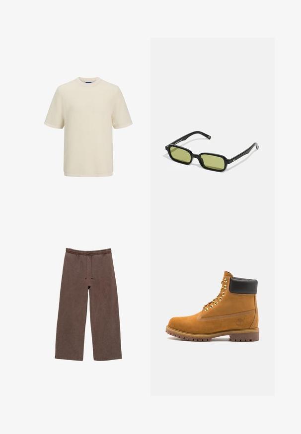 Cream-colored short-sleeve t-shirt in a textured knit pattern. Features a round neckline and a straight hem.; Brown cotton sweatpants with an elastic waistband, adjustable drawstring, wide legs, and minimal stitching detail.; Tan suede ankle boot with black padded collar, gold metal eyelets, white stitching detailing, and rugged rubber sole with pronounced treads.; Black sunglasses with an angular design, green tinted lenses, and smooth plastic frames. Features gold accents on the temples.