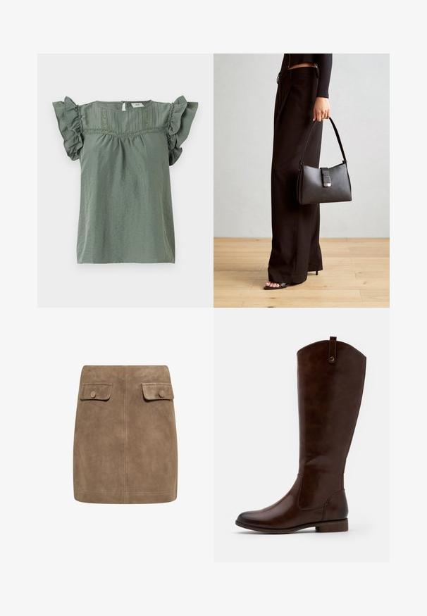 Zaļš īsām piedurknēm tops ar krokotām piedurknēm, strukturētu audumu un dekoratīvo šuvumu ap kaklu. Atslēgas cauruma aizmugures aizdare.; Brūna garām piedurknēm topa, kas izceļas ar plašu dekoltē un mezglu detaļu vienā pusē, izgatavota no mīkstas, teksturētas auduma.; Brūns zamšs mini svārki ar gludu tekstūru, ieguvuši divas priekšējās kabatas ar vāciņiem un pogu aizdare katrā pusē. Vienkāršs, taisns dizains.; Brūni līdz ceļiem zābaki, kas izgatavoti no gludas ādas, ar noapaļotu purngalu, zemu sakrautu papēdi un smalku šuvju rakstu gar sāniem.; Melnā somiņa ar strukturētu formu, gludu tekstūru un metālu sprādzi. Saskaņota ar platām melnām biksēm un sandālēm ar atvērtu purngalu uz koka grīdas.