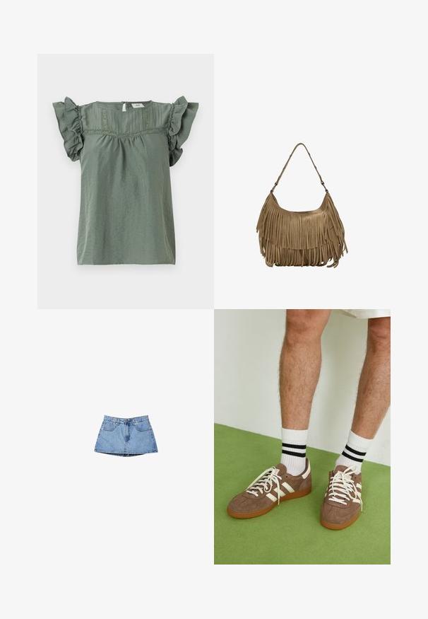 Zeleni kratki top s nabranim rukavima, teksturiranim materijalom i ukrasnim šavovima duž dekoltea. Zaključavanje na leđima u obliku ključanice.; Traper suknja u svijetloplavoj boji, s visokim strukom, prednjim džepovima i lagano raširenim rubom. Glatka tekstura s minimalnim šavnim detaljima.; Smeđe nubuk tenisice s bijelim detaljima i vezicama. Gumeni potplat. Nosene s bijelim čarapama s crnim prugama. Zeleno teksturirano pod.; Smešena smeđa suđena torba s dugim resicama, zakrivljenim oblikom i jednim remenom za rame. Ima glatku, teksturiranu površinu.
