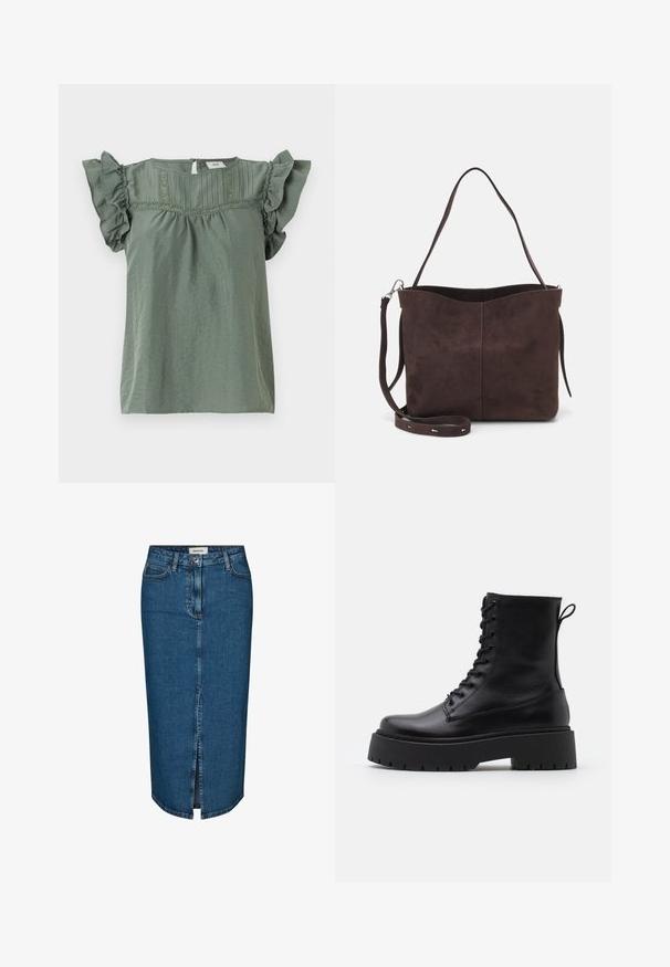 Vihreä lyhythihainen paita, jossa on laskostetut hihnat, teksturoitu kangas ja koristeompeleet kaula-aukon ympärillä. Avaus takana avainreiällä.; Tummansininen denim-mekko, jossa on edessä halkio, viisi taskua ja kontrastiväriset saumat. Keskikorkea vyötärö ja klassinen muotoilu.; Musta nahkainen nilkkureita, joissa on pyöreä kärki, nauhakiinnitys edessä ja paksu kumipohja, jossa on teksturoitu pinta. Takana vetotappi.; Ruskea mokkanahkainen kassi, jonka pinta on pehmeä. Kassissa on yksi olkahihna ja hienovarainen, kaareva yläaukeama. Ei näkyviä metalliosia.