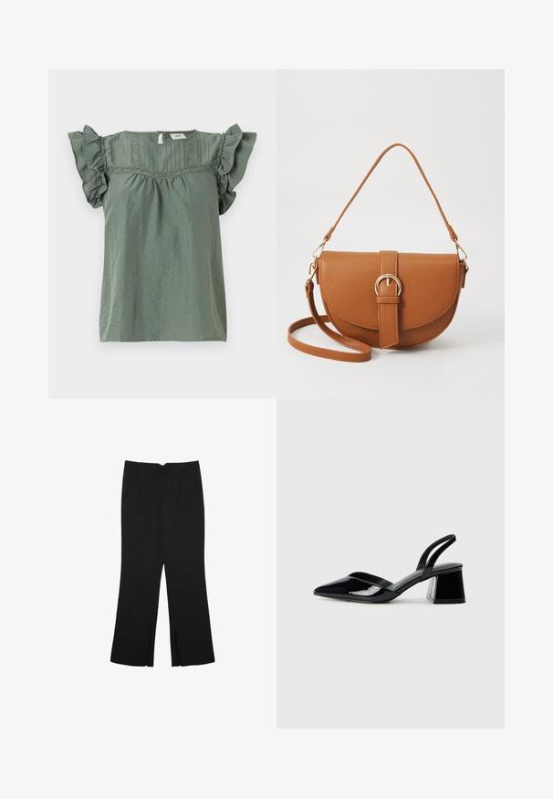 Grünes Kurzarmoberteil mit Rüschenärmel, strukturierter Stoff und dekorativem Stich entlang des Rundhalsausschnitts. Schlüsselverzierung im Rücken.; Schwarze Hose mit geradem Schnitt, ausgestattet mit Fronttaschen und Seitenschlitzen am Saum. Hergestellt aus weichem, glattem Stoff. Geeignet für verschiedene Anlässe.; Schwarze Lackleder-Slingback-High Heels mit spitzem Schuh und einem geometrischen Blockabsatz. Verfügt über ein schlankes, minimalistisches Design und eine glatte Textur.; Braune Leder-Crossbody-Tasche mit geschwungener Form, goldfarbenen Beschlägen und einer Schnallenakzentuierung. Verfügt über einen abnehmbaren Schultergurt.