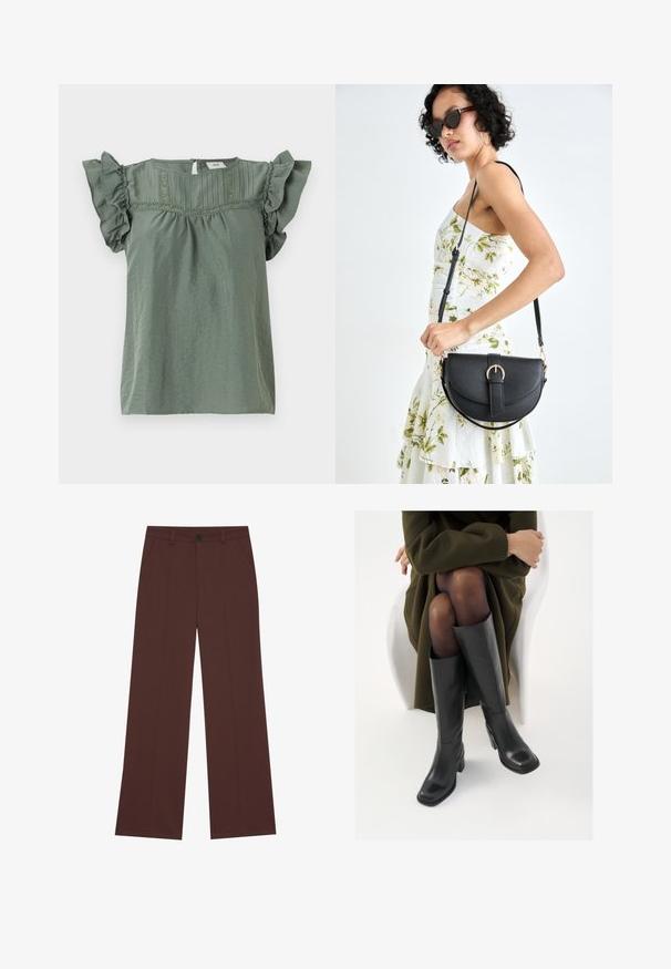 Top verde a maniche corte con maniche arricciate, tessuto testurizzato e cuciture decorative lungo il collo. Chiusura con apertura a chiave sul retro.; Pantaloni a gamba larga in un ricco tessuto marrone. Presentano una chiusura a bottone, due tasche frontali, una texture liscia e linee pulite.; Stivali neri in pelle alti fino al ginocchio con punta squadrata e tacco a blocco, mostrati con un modello seduto in un cappotto verde oliva. Texture liscia, dettagli minimi.; Borsa a tracolla nera in pelle con una forma curva, manico rimovibile e accessori dorati. La borsa presenta una patta con un dettaglio a fibbia.