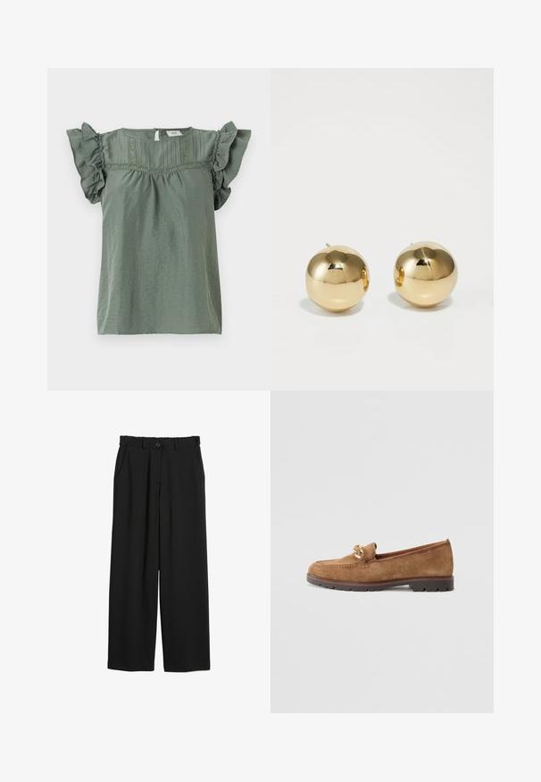 Grünes Kurzarmoberteil mit Rüschenärmel, strukturierter Stoff und dekorativem Stich entlang des Rundhalsausschnitts. Schlüsselverzierung im Rücken.; Schwarze weit geschnittene Hose aus glattem Stoff, mit elastischem Bund, Seitentaschen und einem Knopfverschluss an der Taille.; Tamaris Slipper - camel; Goldene, kugelförmige Steckohrringe mit polierter Oberfläche und kleinem Steg. Sie weisen eine glatte Textur und reflektierende Oberfläche auf.