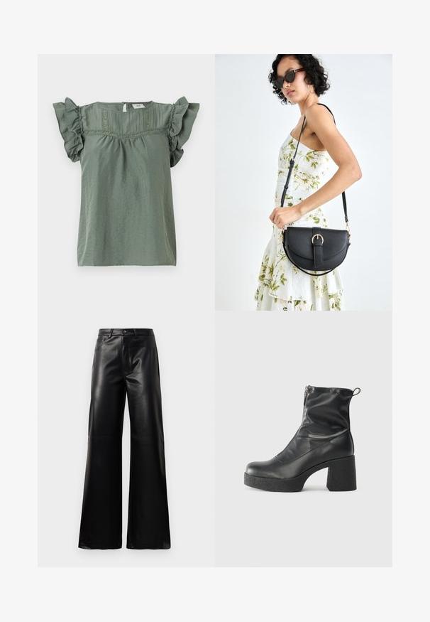 Top verde a maniche corte con maniche arricciate, tessuto testurizzato e cuciture decorative lungo il collo. Chiusura con apertura a chiave sul retro.; Pantaloni ampi a vita alta in ecopelle neri con bottone frontale, chiusura con zip, passanti per cintura e tasche laterali su sfondo bianco.; Stivali neri alla caviglia in pelle liscia, con zip laterale, tacco spesso e texture, e punta arrotondata.; Borsa a tracolla nera in pelle con una forma curva, manico rimovibile e accessori dorati. La borsa presenta una patta con un dettaglio a fibbia.