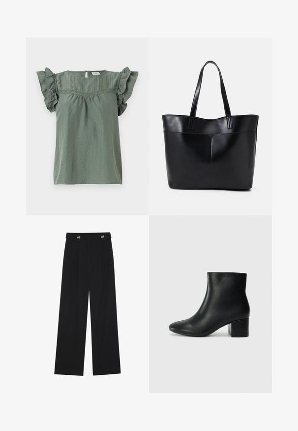 Top verde a maniche corte con maniche arricciate, tessuto testurizzato e cuciture decorative lungo il collo. Chiusura con apertura a chiave sul retro.; Pantaloni neri a gamba larga con vita alta, dettagli con bottoni in vita e pieghe frontali.; Stivali neri in pelle fino alla caviglia con punta appuntita e tacco spesso. Texture liscia con minimi dettagli e un design elegante e aderente.; Borsa a tracolla in pelle nera con due manici lunghi, una texture liscia e una forma strutturata. Presenta una tasca frontale per ulteriore spazio di archiviazione.