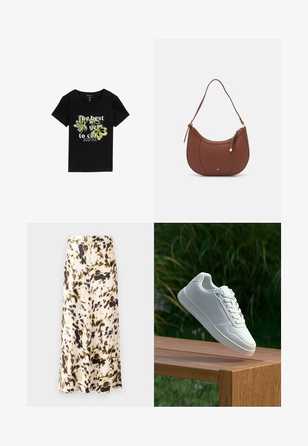 Black short-sleeve T-shirt featuring green and yellow floral graphics with the text "The best is yet to come" in white. Soft cotton material.; A knee-length skirt in a light fabric with a beige, brown, and green abstract pattern. Features a fitted waistband and flowing design.; White sneaker with a smooth synthetic upper, perforated toe box, flat laces, and a textured sole, displayed on a wooden surface.; Brown faux leather shoulder bag with curved shape, minimal stitching, and a gold-tone hardware accent. Features a top zipper closure and adjustable strap.