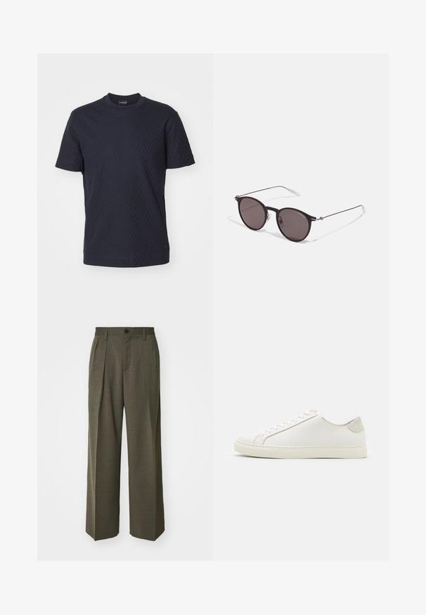 Emporio Armani Základné tričko - navy; Filippa K WIDE TROUSERS - Nohavice - driftwood; Biele kožené tenisky s hladkým povrchom, okrúlym špičkou a minimalistickým dizajnom. Obsahujú béžové akcenty na päte a gumovú podrážku.; Čierne okrúhle slnečné okuliare s tmavými sklami a tenkými kovovými ramenami. Obsahujú priehľadné konce rámov a strieborné akcenty na pántoch. Minimalistický dizajn.
