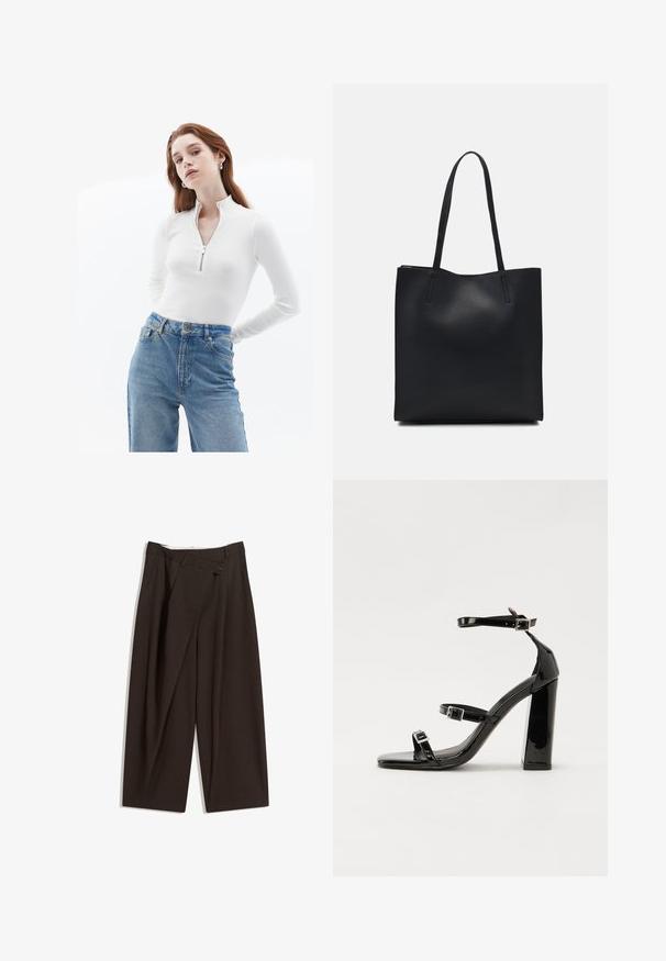 Weißes, langärmeliges Oberteil mit Reißverschluss in Rippstruktur, kombiniert mit hoch taillierten hellblauen Denim-Jeans mit einem ausgebleichten Finish und normalen Taschen.; Dunkelbraune, weite Hosen mit hohem Bund, die über einen einzigen Knopfverschluss und eine gefaltete Vorderseite verfügen. Hergestellt aus leichtem Stoff.; Schwarze patentierte Sandalen mit Absatz, quadratischer Spitze, Knöchelriemen und silbernen Schnallen. Mit einem stabilen Blockabsatz für mehr Stabilität.; Schwarze Laptoptasche aus Leder mit glatter Textur, rechteckiger Form und zwei langen Griffen. Keine sichtbaren Beschläge oder Verzierungen.