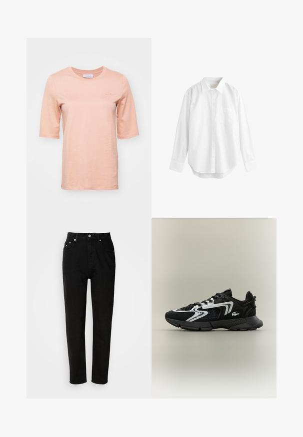 Persiku krāsas īsām piedurknēm t-krekls, kas izgatavots no mīksta kokvilnas, ar apaļu kakla izgriezumu un mazu izšūtu logo uz krūtīm.; Baltas garās piedurknes krekls no kokvilnas, ar pogājamu apkakli, priekšējo kabatu un izliekto apakšmalu. Gluda tekstūra un klasiskā dizaina.; Melni džinsi ar augstu jostasvietu, taisnām kājām, priekšējām kabatām un metāla pogu aizdari. Gluda tekstūra ar minimālistisku dizainu.; Melni sporta apavi ar sietiņa ieliktņiem, sudraba akcentiem un struktūru melnā krāsā. Īpaši iezīmes - šņorītes un izliekta, izturīga zole.