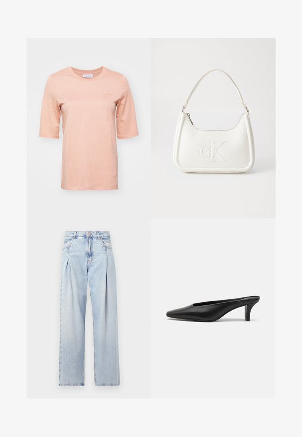 Pestrý krátky rukáv tričko v broskyňovej farbe vyrobené z jemnej bavlny, s okrúhlym výstrihom a malým výšivkovým logom na hrudníku.; Svetlomodré džínsy s vysokým pásom, širším strihom po celej dĺžke, dvoma bočnými vreckami a skladaným dizajnom. Mäkka textúra s vyblednutým vzhľadom.; Čierne kožené špicaté muly s nízkym stiletto podpätkom. Hladká textúra, minimalistický dizajn a otvorená zadná časť pre jednoduché obúvanie.; Biela kožená kabelka s zakriveným tvarom, na prednej strane s embosovaným logom "CK" a jedným ramenným popruhom. Zipsové zapínanie navrchu.