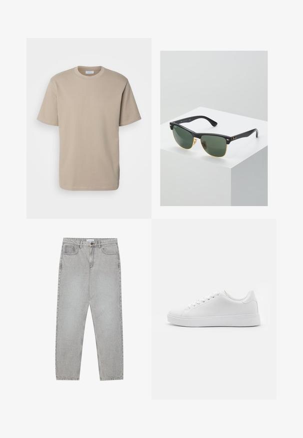 Lindbergh O NECK TEE OVERSIZE - T-shirt básica - stone; Calças de ganga cinza claro com um design de perna reta, estilo de cinco bolsos e fecho com botão. Costura visível ao longo das costuras.; Sapatilhas brancas com um cabedal sintético liso, bico arredondado, seis ilhós para os atacadores e uma sola de borracha de baixo perfil com detalhes texturizados.; Óculos de sol Ray-Ban com lentes verdes, armação de plástico preto e detalhes em dourado nas bordas. Forma quadrada com acabamento mate.