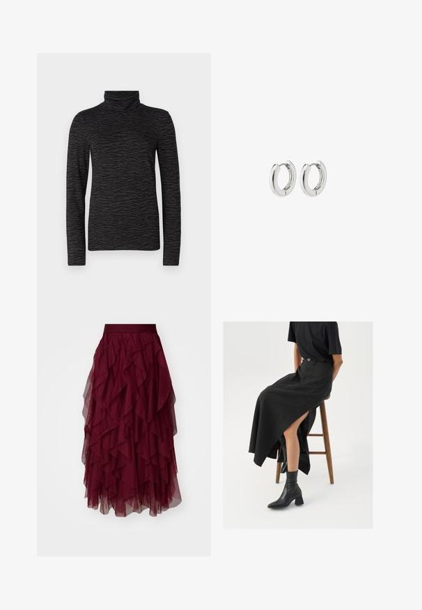 Melns augstais kakls ar teksturētu tīģera svītru rakstu, garām piedurknēm un izgatavots no gludas materiāla.; Burgundijas tulle svārki ar vairākām līmeņu volāniem, platu jostu un plūstošu siluetu. Viegls, teksturēts audums uzlabo kustību.; Melna lina maxi svārki ar augstu šķēlumu, valkāti ar melnu T-kreklu un melniem potīšu zābakiem. Minimālistisks dizains ar brīvu piegriezumu.; Sudraba apli auskari ar spīdīgu apdari, kuriem ir apaļa forma un bezšuvju eņģes, rādot gludu virsmu.