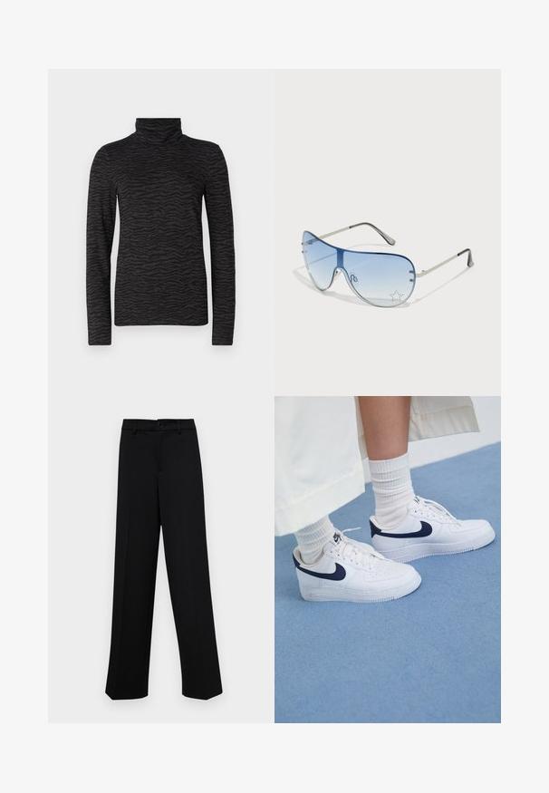 Fekete garbó felső, textúrált tigrissáv mintával, hosszú ujjal és magas nyakkivágással, sima anyagból készült.; Fekete, széles szárú nadrág sima anyagból, klasszikus derékrésszel, gombzárral és elülső redőkkel.; Fehér Nike Air Force 1 sportcipő tengerészkék részletekkel, perforált orral, lapos fűzővel és gumitalppal, fehér bordázott zoknival párosítva.; Pilóta napszemüveg, melynek áttetsző kék lencséje, ezüst fém kerete és díszes csillag díszítések találhatók a lencsén. Simogató és elegáns dizájn.