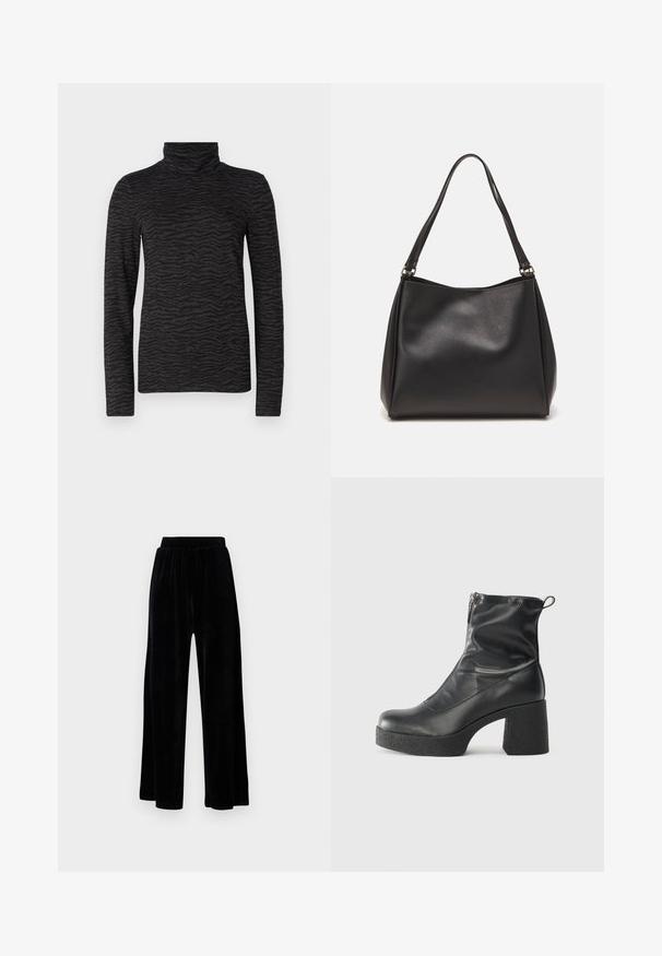 Fekete garbó felső, textúrált tigrissáv mintával, hosszú ujjal és magas nyakkivágással, sima anyagból készült.; Fekete, széles szárú nadrág puha velúrból, rugalmas derékkal és sima textúrával, látható díszítés vagy mintázat nélkül.; Fekete bokacsizmák sima bőrből, oldalsó cipzárral, vastag, texturált sarkú és lekerekített orrú dizájnnal.; Fekete szintetikus bőr kézitáska puha tapintással, hobo forma, és dupla vállpánt; fényes felülettel és minimál stílussal rendelkezik.