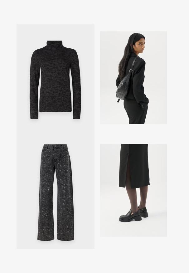 Juoda golfo ilgomis rankovėmis, su tekstūruotu tigro juostelių raštu ir aukštu kaklu, pagaminta iš lygaus audinio.; Noisy May NMJANNEL LOOSE - Laisvo kirpimo džinsai - black denim; Juodos odinės bateliai su apvaliu nosiu, stora blokine pakulne ir elastingais šonais, derinami su tamsiomis pėdkelnėmis ir juoda sijonu su plyšiu.; Moteris su ilgais tamsiais plaukais, vilkinti juodą kostiumą, nešanti juodą odinę rankinę per petį, žvelgia per petį prieš balto fono.; Sidabrinės pusmėnulio auskarai minimalistiniu dizainu. Apskritimo forma, lygus paviršius ir plonas profilis. Lengvi su poliruotu apdailu.