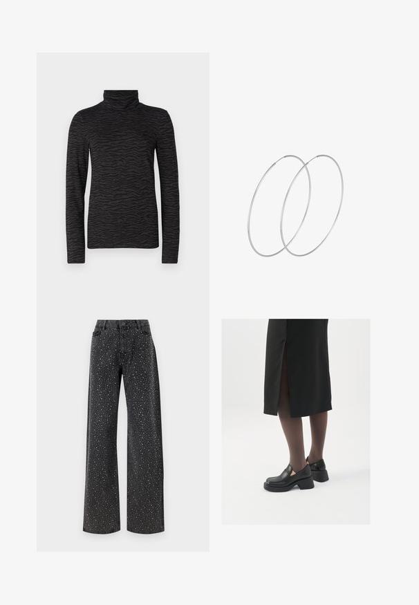 Must mustre varrukatega must turtleneck, millel on tekstuuriline tiigri triipude muster, kõrge kaelus ja sujuv materjal.; Noisy May NMJANNEL LOOSE - Avar lõikega teksad - black denim; Mustad mustad jalatsid ümmarguse varbaga, paksu plokkniidi ja elastsete külgdetailidega, kombineeritud tumedate sukkade ja musta lõhikuga seelikuga.; Hõbedased rõngastikkaehingad minimalistlikus disainis. Ümar kuju, sile tekstuur ja õhuke profiil. Kerged ning poleeritud viimistlusega.