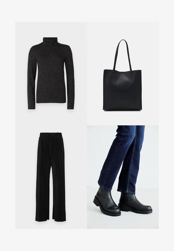 Melns augstais kakls ar teksturētu tīģera svītru rakstu, garām piedurknēm un izgatavots no gludas materiāla.; Melni plīšu bikses ar elastīgu jostu. Tām ir platākas kājas un gluda, teksturēta auduma ar vertikālām svītrām.; Melnas ādas potīšu zābaki ar masīvu zoli un sānu elastīgām daļām, kombinēti ar tumši ziliem džinsiem. Zeme ir gaišā krāsā.; Melnas ādas somiņa ar gludu tekstūru, taisnstūra formu un divām garām rokturiem. Nav redzamu aparatūras vai rotājumu.