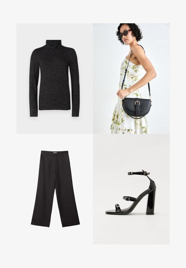 Sort turtleneck bluse med et struktureret tigerstribemønster, lange ærmer og høj halsudskæring, fremstillet af et glat materiale.; Sorte bukser med vidde, lavet af glat stof, med en frontlynlås og to sidelommer, i en skræddersyet pasform og minimalistisk design.; Sorte patenterede hælsandaler med firkantet tå, ankelremme og sølvspænder. Har en chunky blokHæl for stabilitet.; Sort læderhåndtaske med en buet form, aftagelig rem og guldfinish. Tasken har en klap med en spænde detalje.
