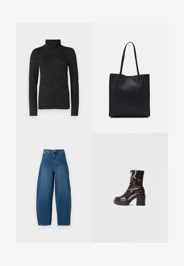 Musta poolsapikk vormi, millel on tekstuuriga tiigrijoone muster, pikad varrukad ja kõrge kaelus, valmistatud siledast materjalist.; Denim-housut keskipitkässä sinisessä pesussa, joissa on korkea vyötärö, leveä lahje ja standardi viiden taskun muotoilu näkyvillä ompeluyksityiskohdilla.; Satea bordeaux berwarna mengkilap dengan tumit hitam tebal, menampilkan tekstur halus dan desain sederhana. Tanpa pengikat atau pola yang terlihat.; Mustapahkainen kangaskassi, jossa on sileä pinta, suorakaiteen muotoinen ja kaksi pitkää kahvaa. Ei näkyvää metalliosaa tai koristeita.