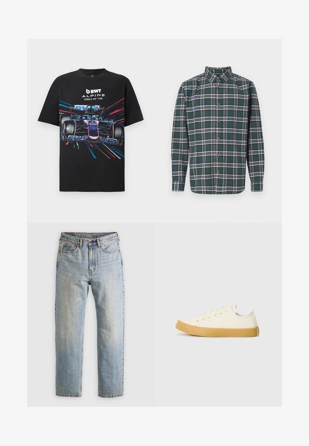 Tricou din bumbac negru cu un imprimeu grafic al unei mașini de Formula One, cu accente vibrante de albastru și roz, și textul "BWT ALPINE FORMULA ONE TEAM".; Cămașă flanelată verde cu un model tartan, având linii albastre, albe și galbene muștar. Închidere cu nasturi în față și guler ascuțit. Mâneci lungi.; Jeans din denim de culoare albastru deschis, cu talie înaltă, nasture frontal, fermoar și design cu cinci buzunare, așezate platesc pe un fundal neutru.; Tenisi din pânză de culoare albă murdară, cu vârf rotund, dotati cu talpă din cauciuc bej și cinci găuri pentru șireturi, cu un finisaj texturat pe partea superioară.
