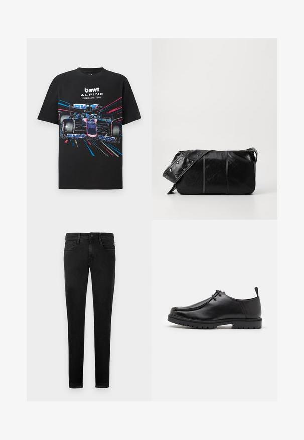 Čierne bavlnené tričko s grafickým potlačou pretekárskeho auta Formuly 1 v živých modrých a ružových akcentoch a textom "BWT ALPINE FORMULA ONE TEAM".; Čierne denimové džínsy, slim fit, päť vreciek, viditeľné švy, predné zapínanie na gombík a minimalistické brandingové detaily na zadnom vrecku.; Čierne kožené šnurovacie topánky s robustnou podrážkou a poutkom na päte, zobrazené z boku na bielom pozadí.; Čierna kožená kabelka cez plece so zipsovým uzáverom, so štruktúrovaným telom, bielym prešívaním a popruhom so striebornými očkami.